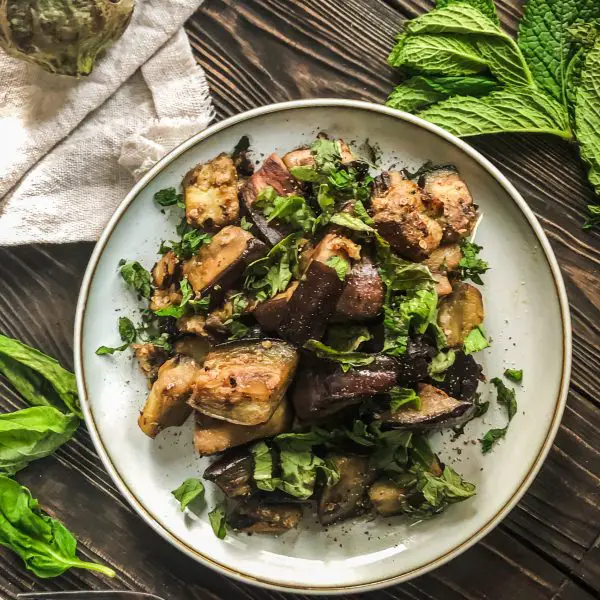 sautéed eggplant with garlic, basil, and mint on www.thedanareneeway.com