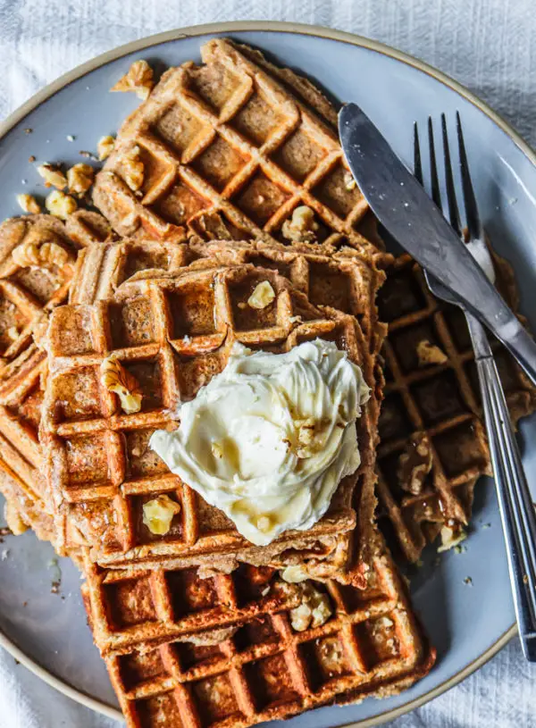 Rye Flour Ricotta Waffles with Whipped Maple Cream Cheese