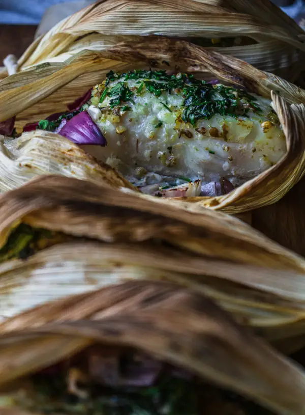 Grilled Halibut in Corn Husks with Spiced Lime Butter