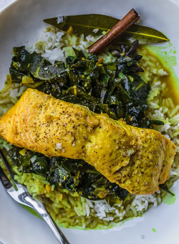 Curry Braised Collard Greens with King Salmon